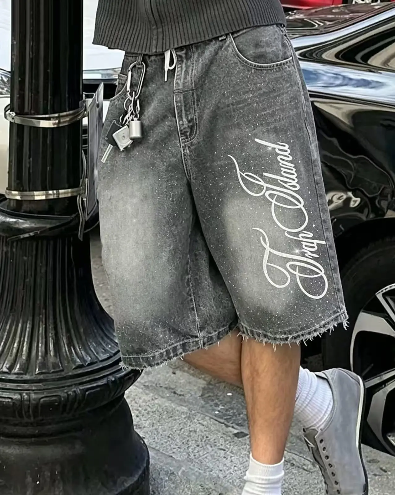 Men's High-Waist Button Fly Denim Shorts - Studded Embroidered, American Streetwear Clothing, Plain, Knee-Length, Secure Closure, Casual Daily Wear
