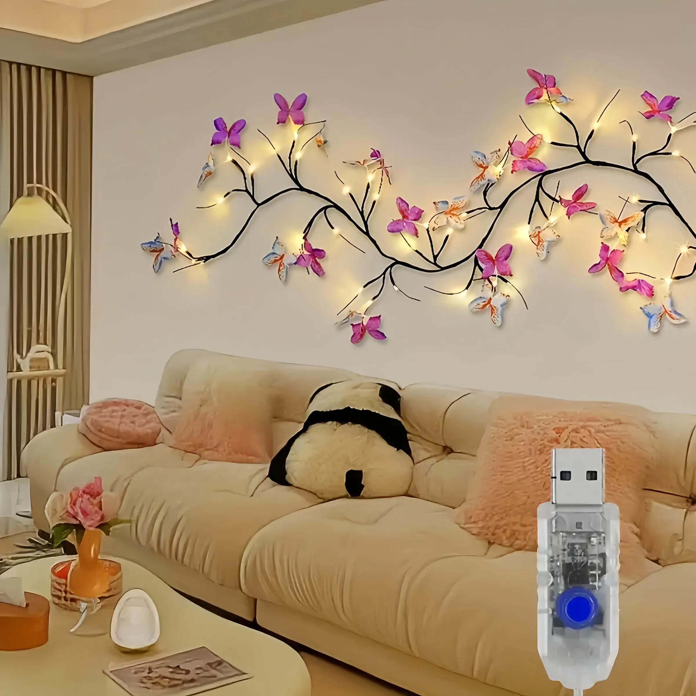 Fairy String Lights with Fake Butterflies & Flowers - 54 LED 8 Flashing Modes USB Powered Light Up, Fairy-Tale Forest Style, Interior Led Lights, Decorative, Bedroom/Wedding/Photo Wall Decor, Gift for Mother's Day/Valentine's/Birthday, Home Lights