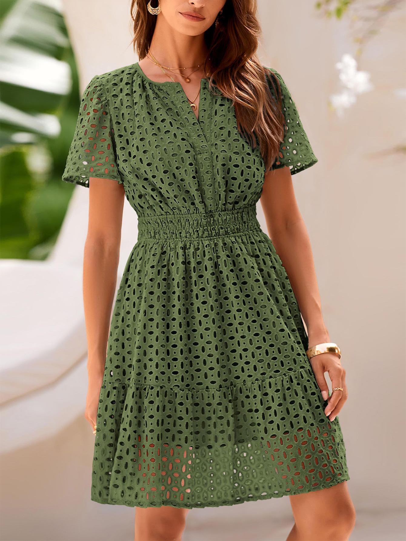 PrettyGarden Women Summer Short Dress V Neck Short Sleeve A Line Hollow Out Lace Ruffle Cute Casual Beach Party Formal Dresses,-Chic Womenswear #Summervibes
