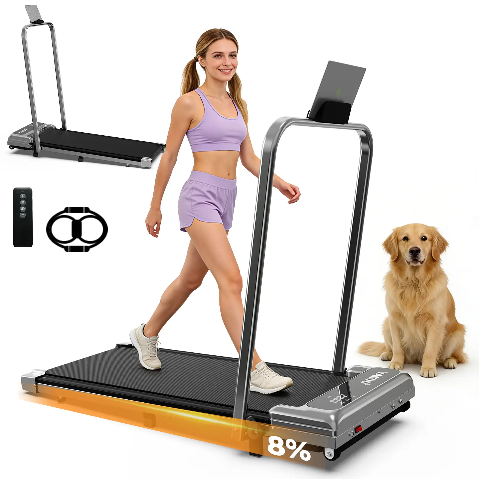 【YAGUD】 Walking Pad with Handrail – Remote Control & LED Display, 265LBS Weight Capacity, Dual Shock Absorption, Wide Belt, Compact Design for Easy Indoor Workouts