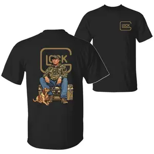 The 47th President Trump Holding a Glock Sitting Next to a Hunting Dog Shirt, Camo Hunting Season Crewneck Unisex Cotton T-shirt 052