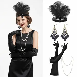 A ladies' 1920s Gatsby party outfit and accessory set, consisting of 4 pieces, including a glittering feather headband / long satin gloves / pearl chain necklace / tassel earrings. Suitable for Halloween / themed parties / role-playing events