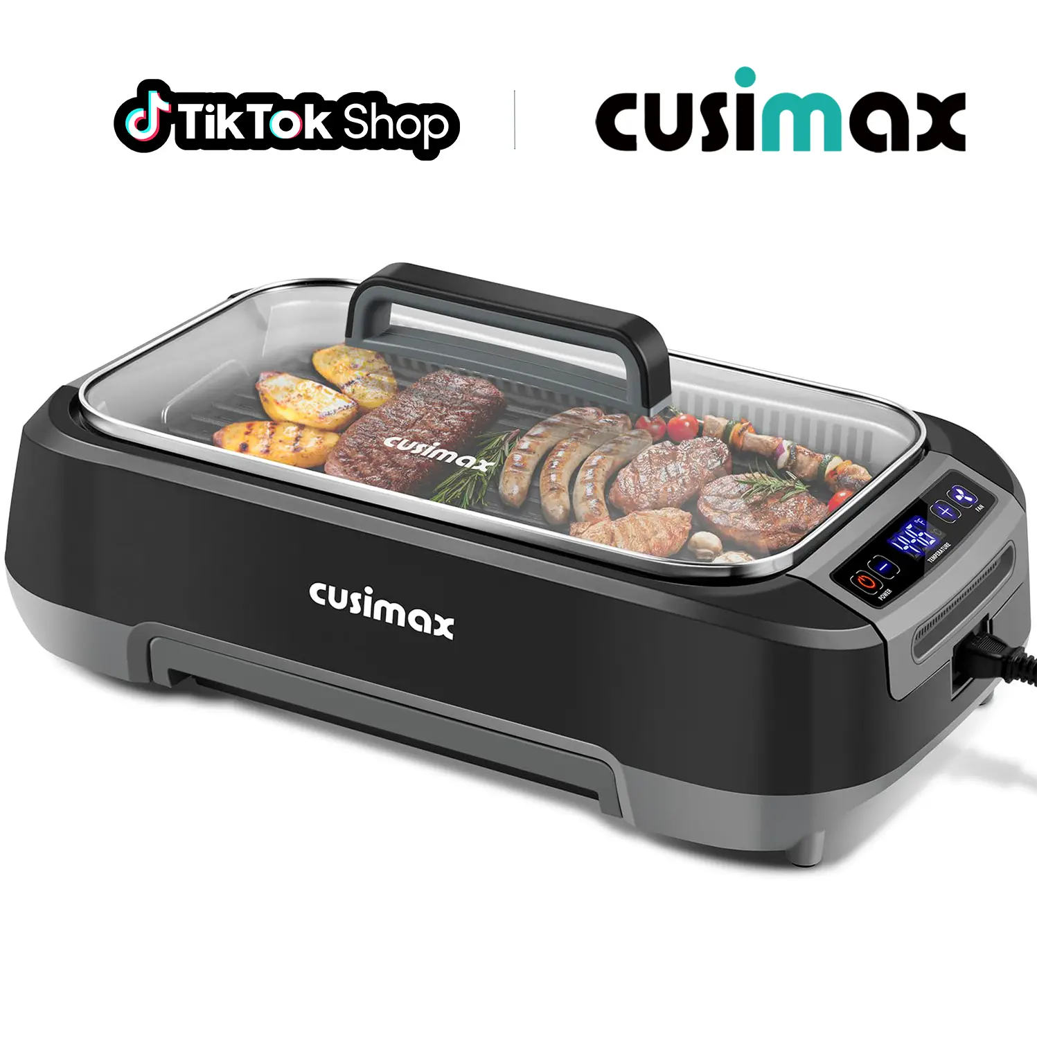 CUSIMAX 1500W Smokeless Indoor Electric Grill - Compact Korean BBQ, LED Display, Tempered Glass Lid, Non-Stick Removable Cooking Grill Plate, Turbo Extractor, Small Footprint, Easy-Remove Design, Black New Model, tiktokshopbacktoschool