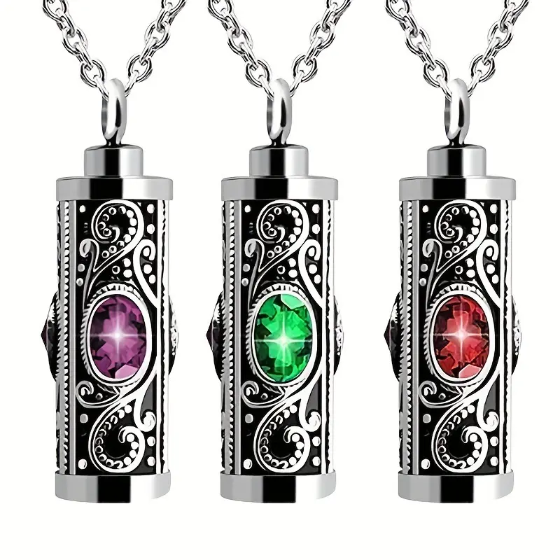 925 Sterling Silver Cylindrical Gem Urn Necklace - Holds Ashes, Multi-Color Stone Memorial Pendant, Autumn New Arrival, Personalized Christian Graduation Gift for Men, Inspirational Keepsake with Stainless Steel Chain