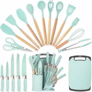 19pcs Premium Silicone Kitchen Utensil & Knife Set - Heat-Resistant, Non-Stick Safe Cooking Tools With Wooden Handles & Chef Knives - Includes Storage Stand - Perfect Gift For Juneteenth