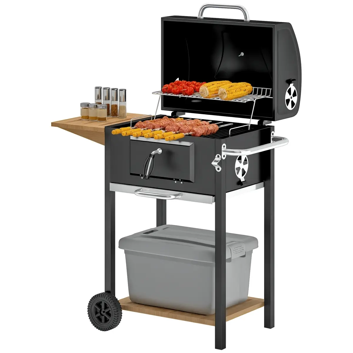 [Bellemave] Charcoal BBQ Grill, Portable Barbecue Grill for Camping or Backyard Picnic with Side Table, Bottom Storage Shelf, Wheels and Handle, Black