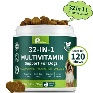 【32-in-1】Dog Chewable with Glucosamine & MSM, Omegas 3 & 6, Probiotics, Dog Vitamins and Supplements for Hip & Joint Health, Skin & Coat, Immune Boost & Overall Natural Health 120 Soft Chews cat Multivitamin
