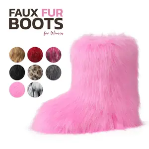 VIMISAOI Faux Fur Boots for Womens Round Toe Mid Calf Boot Pull On Flat Heel Fluffy Warm Fuzzy Faux Fur Shoes Cozy chilly day booty Comfortable Outdoor Womens Boots