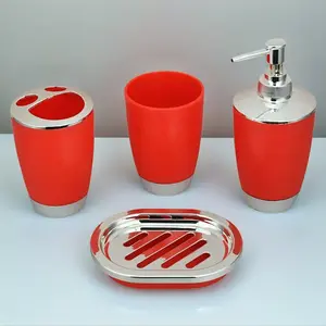 Four Piece Red and Silver Acrylic Bathroom Accessory Set with Soap Dish and Toothbrush Holder