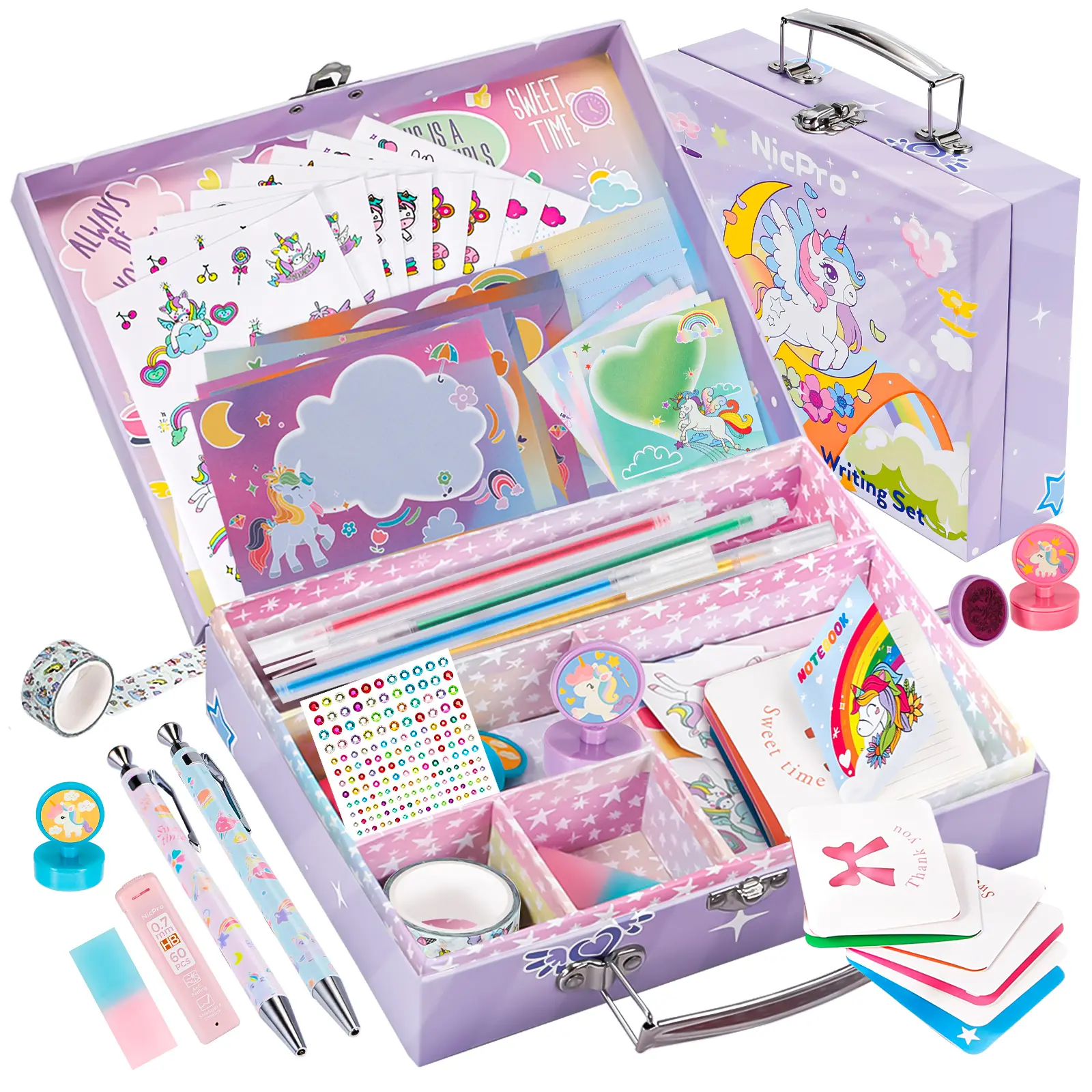 Nicpro 62-Pieces Unicorn Mechanical Pencil Cute Stationery Set - Office Supply Kit with Themed Notebooks, Art Materials, Organization Tools, 1 Ballpoint Pen, 1 Eraser for 5-10 Year Old Girls, Ideal Christmas Gift to Boost Creativity, School Supplies
