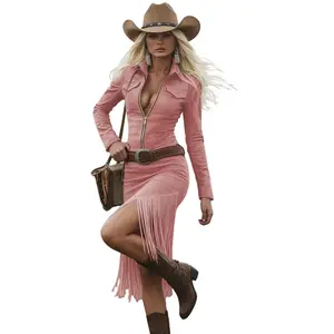 Women's Vintage Western Zipper Fringe Dress  - Slim Fit Long Sleeve Collar Dress with Fringe Hem No Belt Included Solid Color for Casual Outfits Parties & Daily Wear Retro Outfit - Elegant Polyester Knit Fabric Womenswear