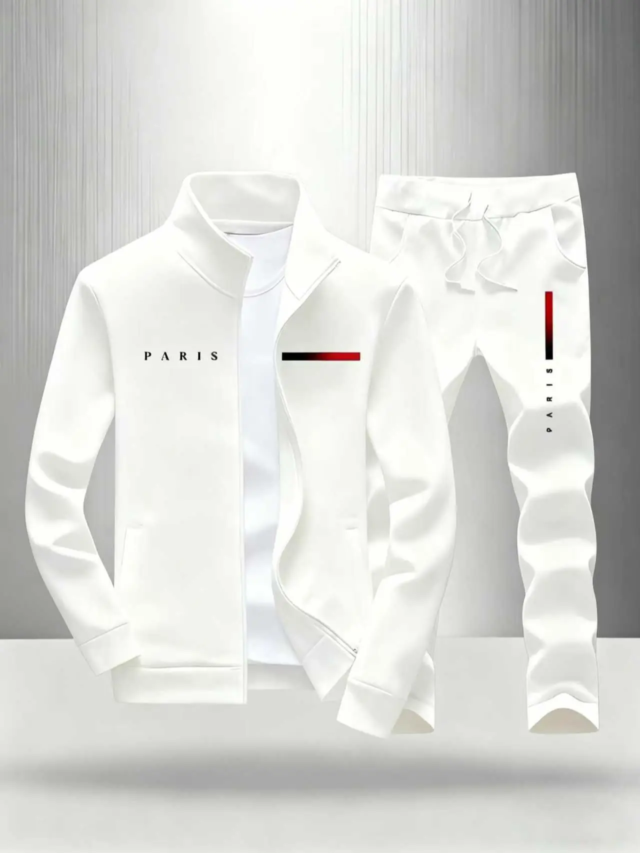 Men's new casual sports set, including a comfortable zipper jacket and loose fitting pants, adorned with the word "Paris" and fashionable red and black stripes, is perfect for occasions such as Halloween, Christmas, Thanksgiving, etc. fathersdaygift