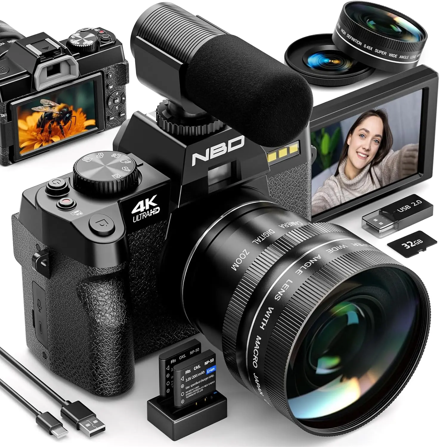 NBD S100 Digital Camera 48MP 4K 180° Flip Screen 16X Digital Zoom 2 Batteries Easy Setup Auto Focus for Beginners PC Camera Enthusiasts Black Pink digital cameras Wireless Compact, Vlogging Camera For YouTube