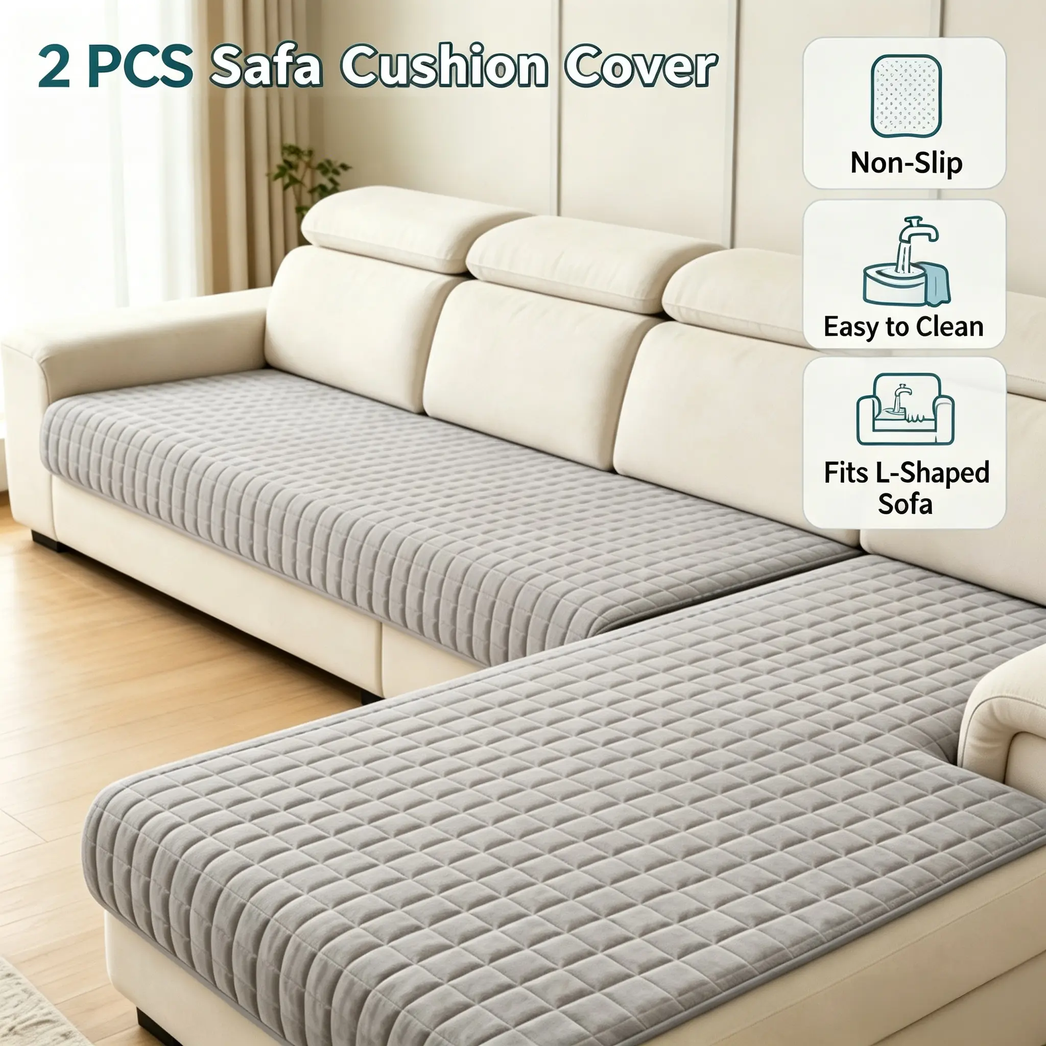 2-piece flannel L-shaped chaise lounge sofa cushion set, non-slip, waterproof, washable, stitched seat cushions/protective pads for living rooms, specifically designed for L-shaped chaise lounges