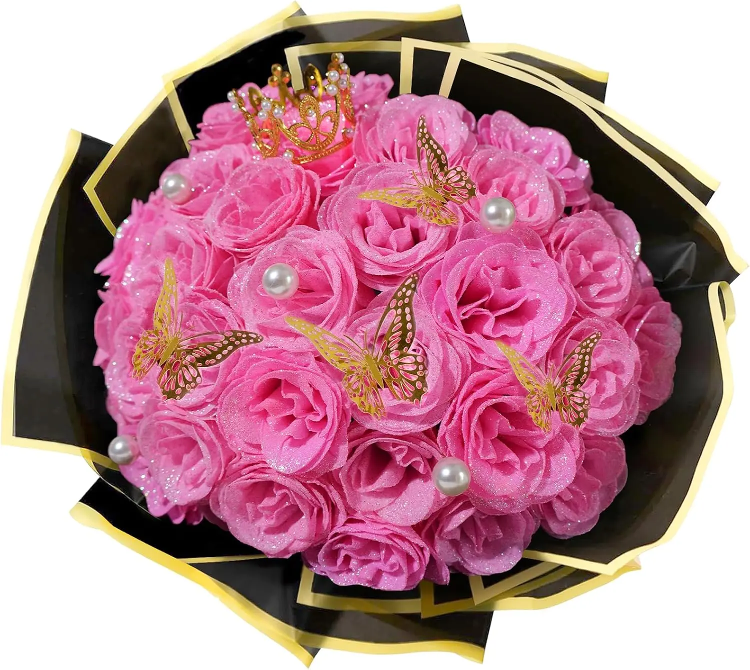 Pink Glitter Roses Bouquet, 24 count Shiny Glitter  Bouquet, Everlasting Artificial Roses Bouquet for Mothers Day, Birthday, Anniversary, Wedding, Engagement, Christmas