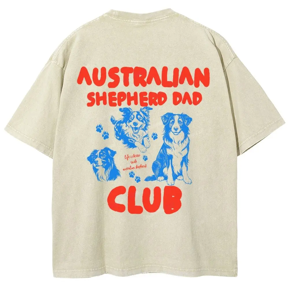 Australian Shepherd Dad Club T-shirt, Men's Casual Cotton Comfort Shirt, Vintage CrewNeck Acid Washed Oversized Drop Shoulder Heavyweight T-shirt, Baggy Workout Tops Short Sleeve Shirt