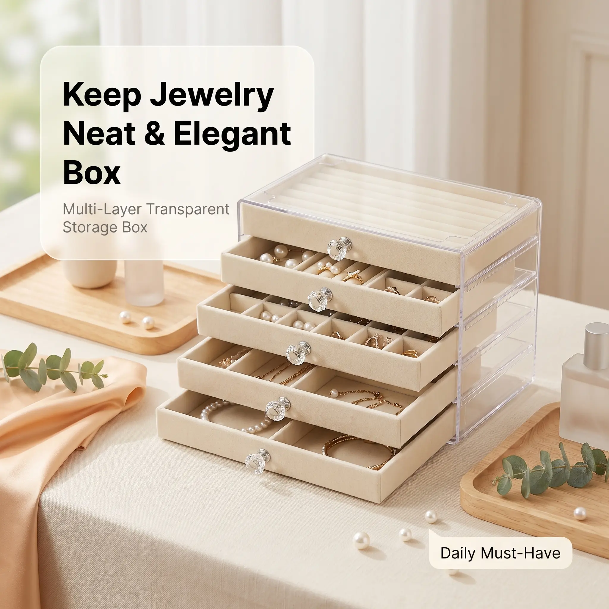 Transparent 5-Layer PET Shell Gift Jewelry Box - Density Board Frame, Soft Velvet Lining, Large Capacity Drawer Compartment Container, Bedroom Jewelry Organizer for Dresser, Ideal for Teen Girls