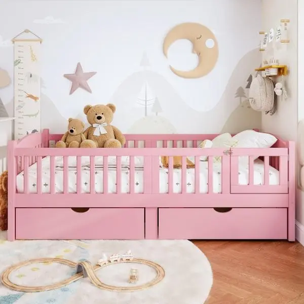 【Bellemave】Twin /Twin XL Platform Bed with Full-length Guardrails, Kids Platform Bed with Storage Drawers, Childlike and Cute Headboard Design 【Bellemave】Twin /Twin XL Platform Bed with Full-length Guardrails, Kids Platform Bed with Storage Drawers, Childlike and Cute Headboard Design