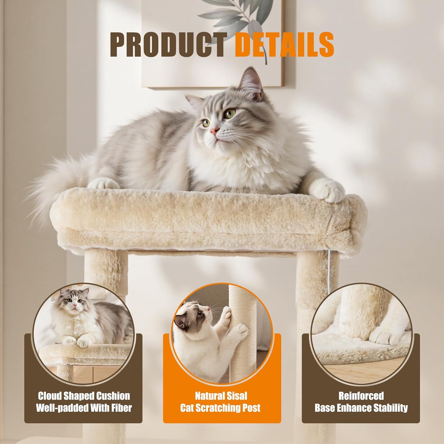 63 Inch Cat Climbing Tower, Multi-Level Cat Tree with Condo, Hammock, Extended Platform & Natural Sisal Scratching Posts, Indoor Play House for Cats and Kittens