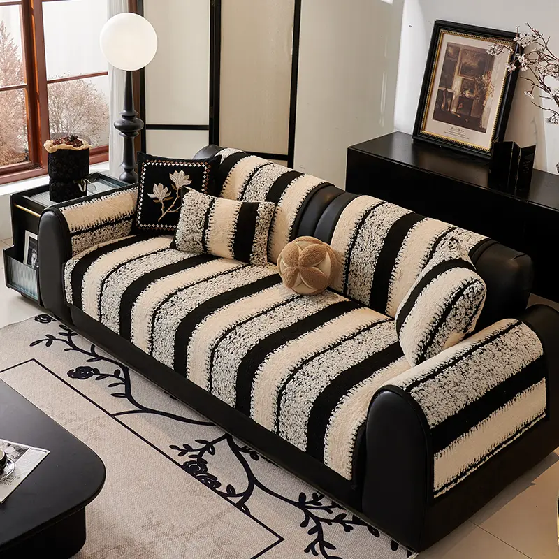 Moon Home striped fleece sofa cushion enhances the space’s texture with a touch of luxury pattern, featuring a non-slip base for secure fit. The dense plush surface effectively protects against pet scratches, delivering a living room experience that combi