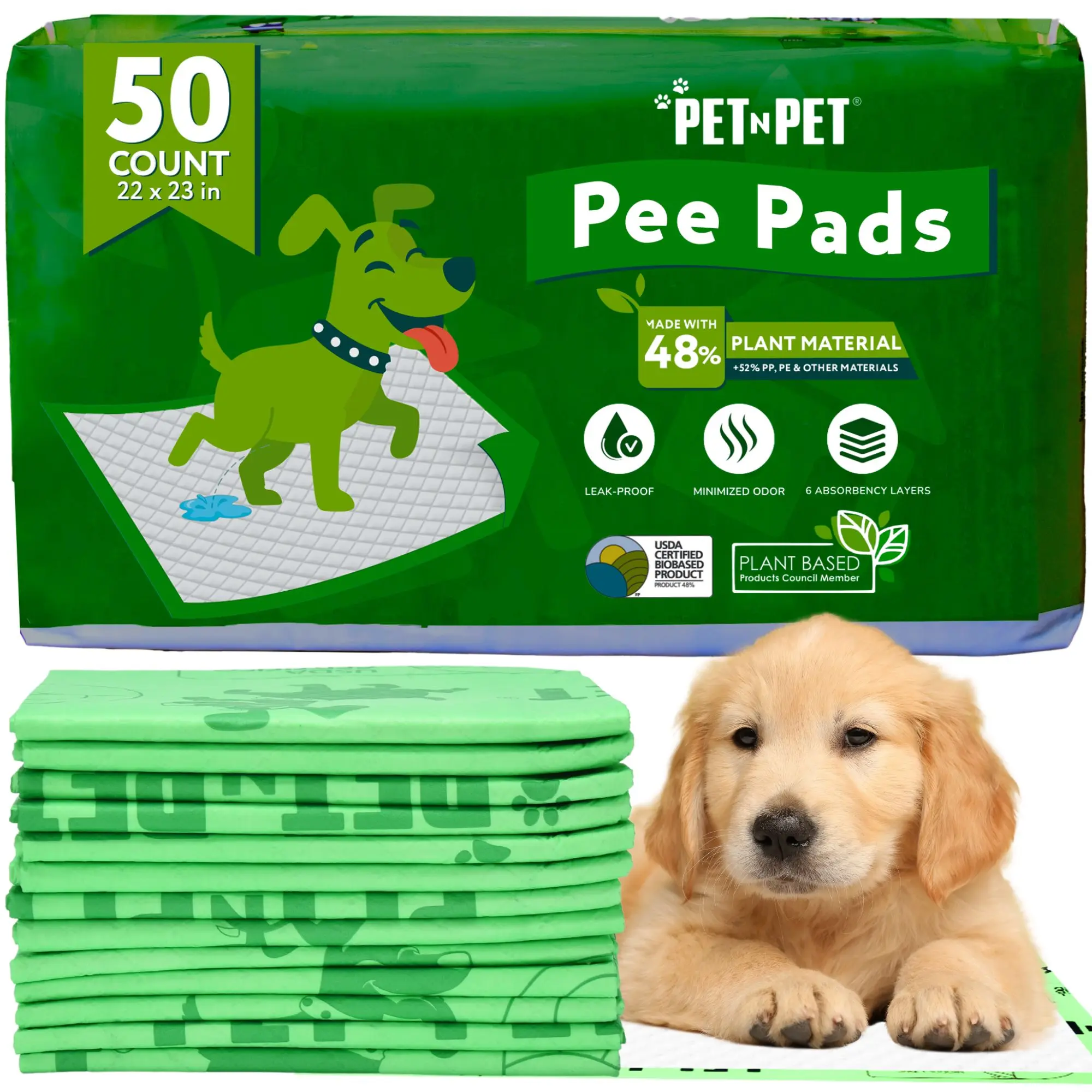 Pet N Pet 50-Count Puppy Training Pads - 48% USDA Certified Plant-Based, Unscented, Leak-Proof, Odor-Locking Absorbent Liner Pads for Senior Dog Care