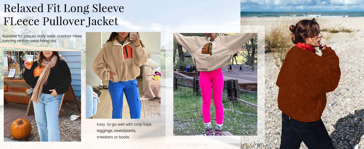 SCUSTY Women's Lightweight Fleece Pullover Jacket Cropped Fall Winter Fuzzy Sherpa Jacket Half Snap Button Stand Collar with Pockets SCUSTY Women's Lightweight Fleece Pullover Jacket Cropped Fall Winter Fuzzy Sherpa Jacket Half Snap Button Stand Collar with Pockets