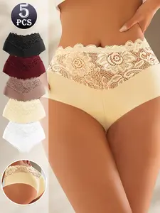 QUASTI 5PCS Low-rise Lace Patchwork Thong Briefs, Exquisite Sexy Seamless Breathable Bikini Boxer Panties, Comfortable Skin-friendly Delicate Lady Basic Underwear, S-XXL