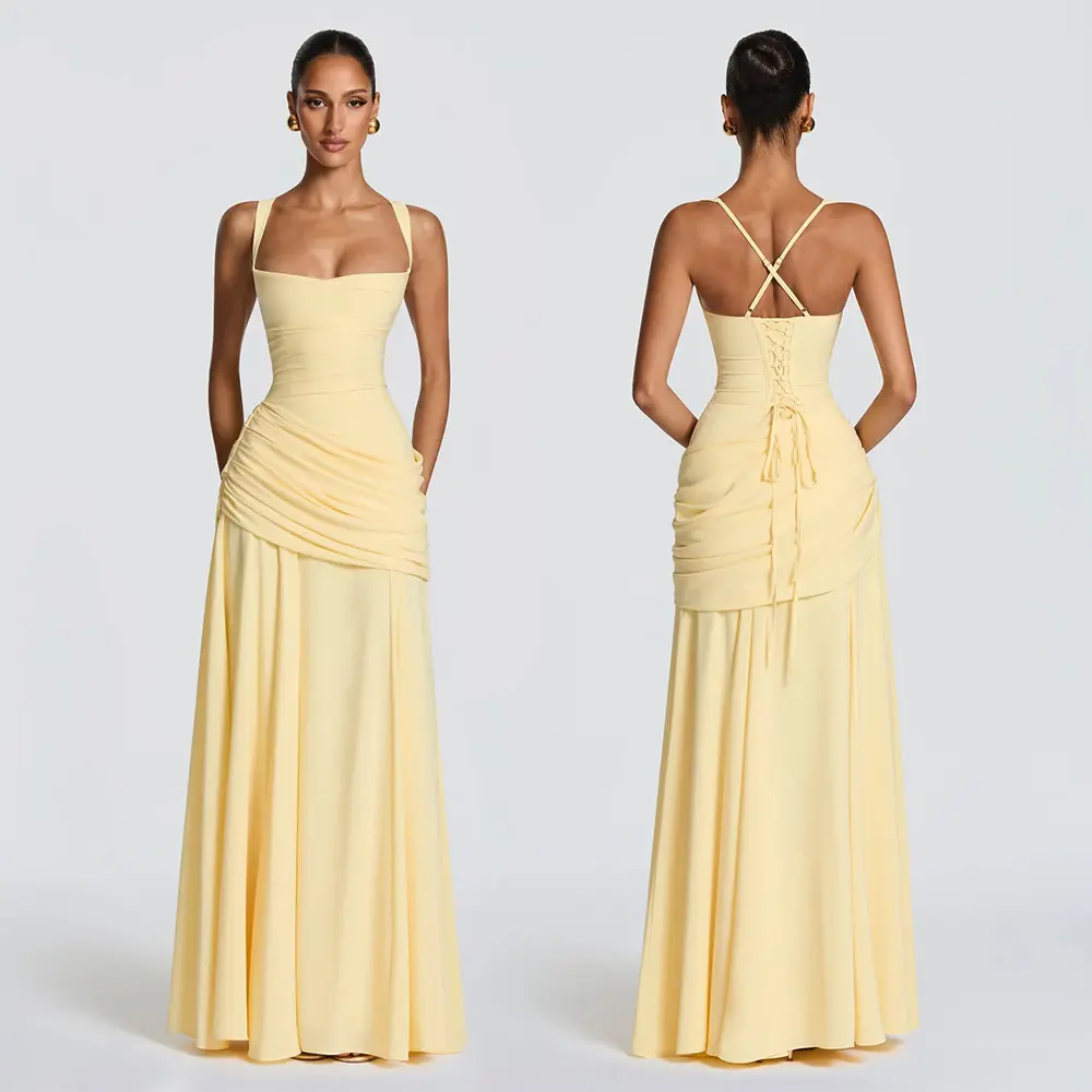MINGHAO 2026 New Women's Chic Chiffon Bridesmaid Maxi Dress - Spaghetti Straps, Square Neck, Ruched, Criss-Cross Lace-Up Back, Pockets, Formal Wear Elegance Style Wedding Guest Gown