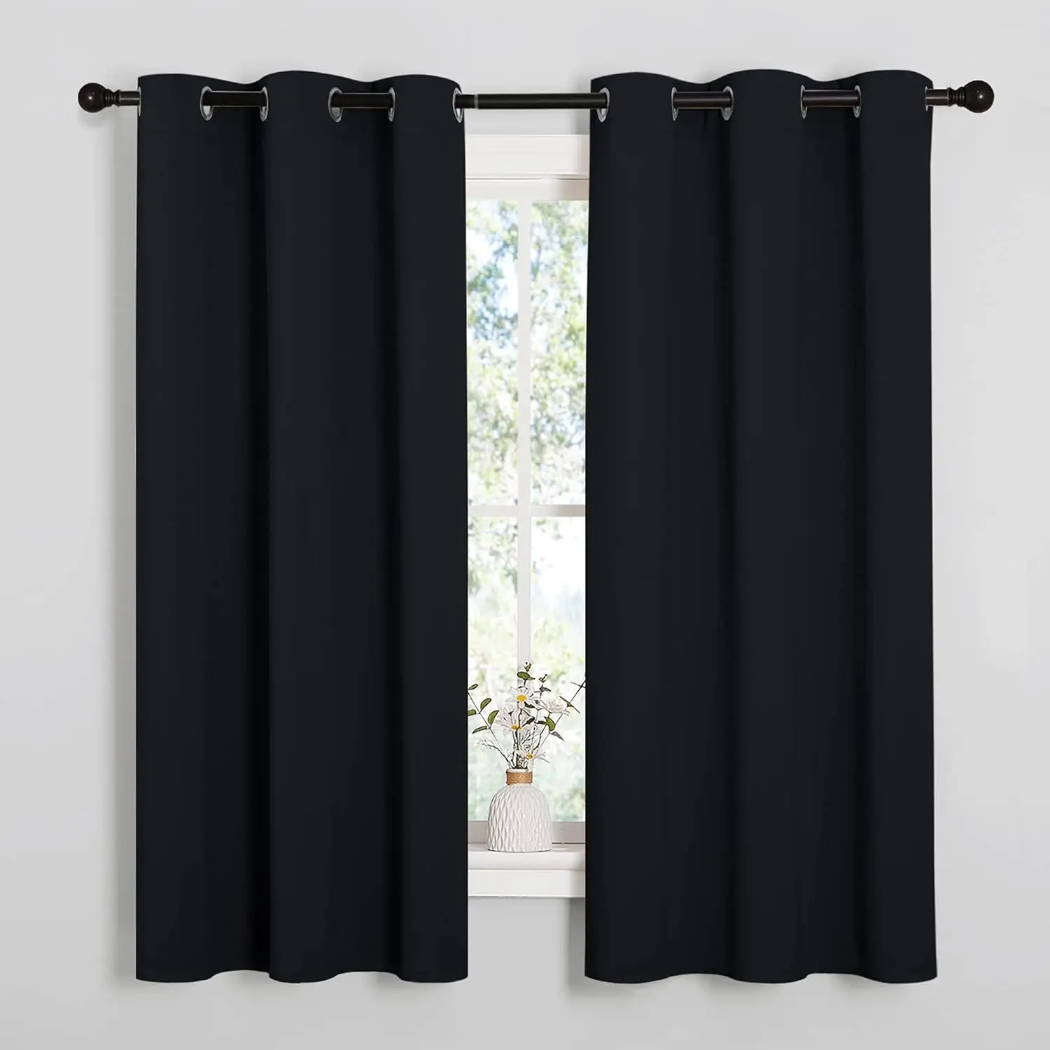 Pitch Black Solid Thermal Insulated Grommet Blackout Curtains/Drapes for Bedroom Window (2 Panels, 42 inches Wide by 63 inches Long, Black)