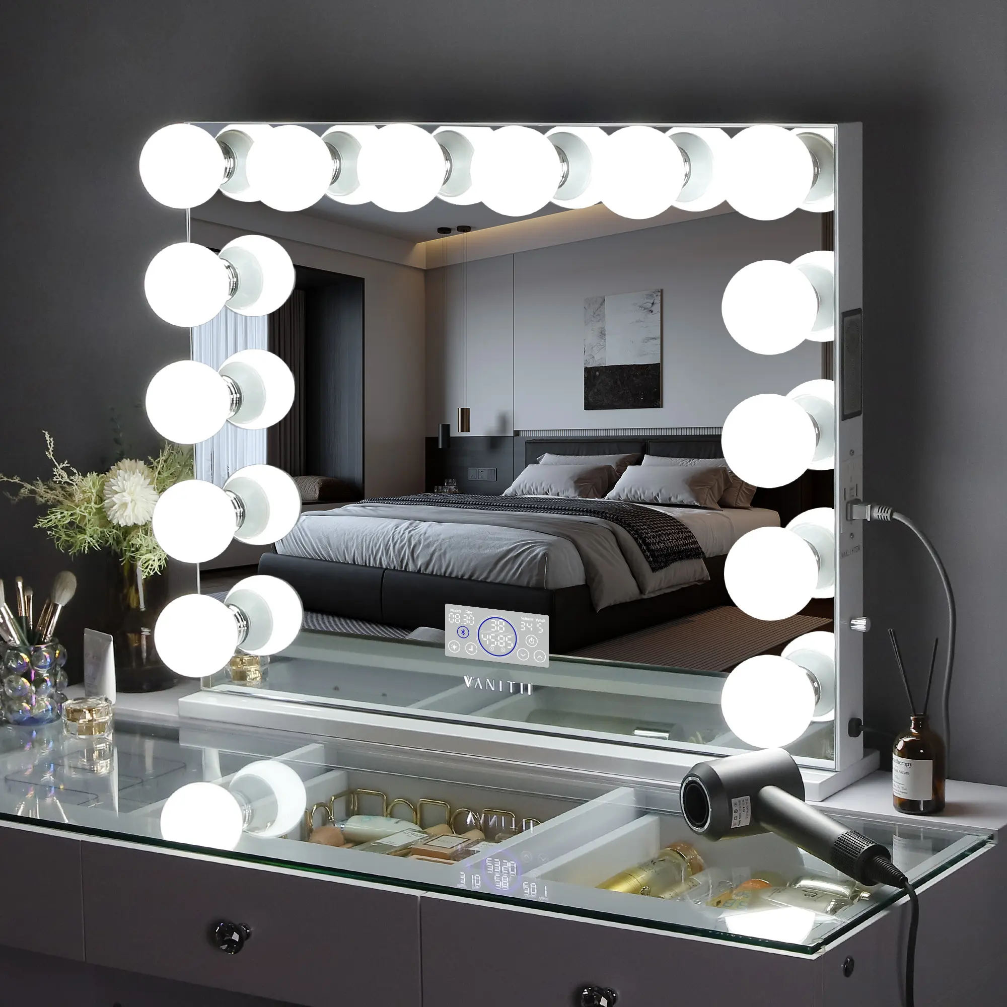 VANITII Hollywood Lighted Makeup Mirror - 32in×26in Wall-Mounted Dimmable Bathroom Mirror with 14 LED Bulbs, Bluetooth Sound, USB Charging, Touch Screen, Adjustable White Light, Big Size Gift for Her Home Decor, Summervibes, Touch Screen Mirror