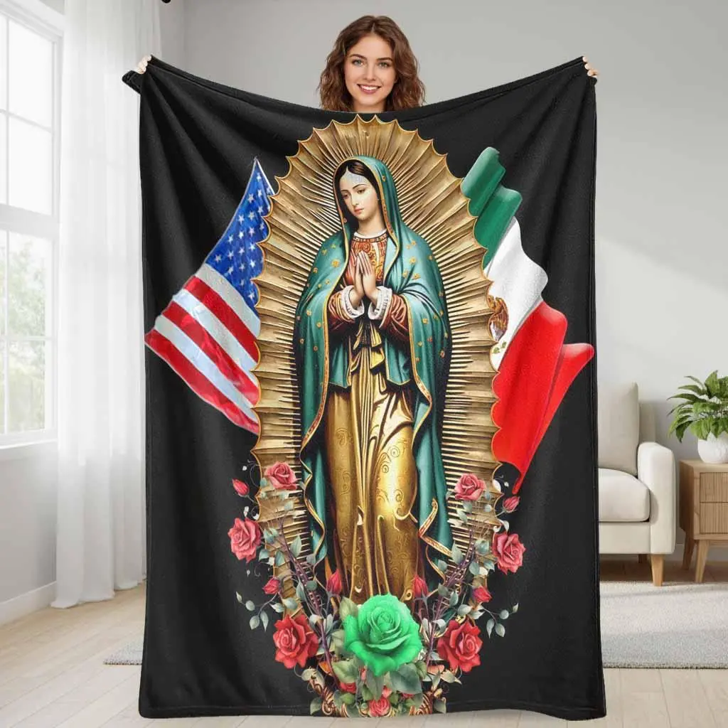Religious Modern Virgin Mary Flannel-Polyester Blanket, 60*80 in, USA-Mexico Flag Floral Print, Soft Warm Lightweight Breathable, Ideal for Home Decor, Church Gatherings, Gifting