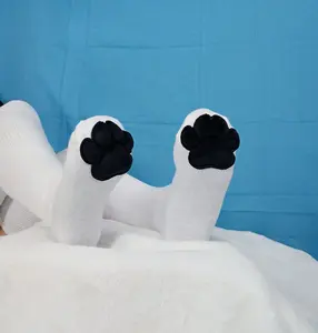 Mochi Stuffed Puffy Black Cat Paw Pad Beans on White Thigh High Stockings