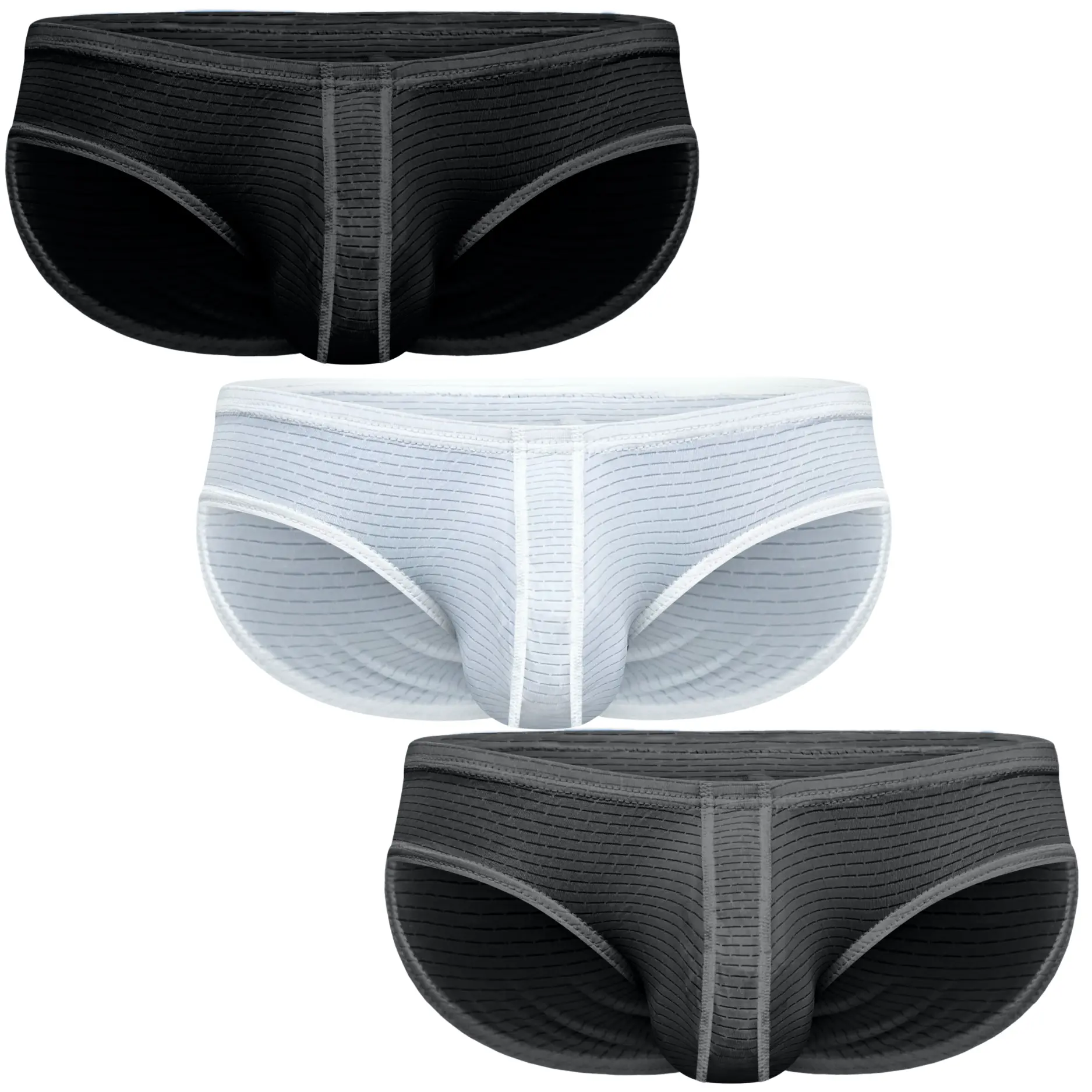 Real Men Ares-Ascent Low-Rise Pouch Bikini Brief, A B C or D Pouch 3 Pack- Black White Grey Nylon Jersey Menswear Nylon Spandex Underwear Soft Stylish Day Athletic Breathable Activewear Sportswear, Soft Breathable Briefs, Assorted Color Men's Briefs
