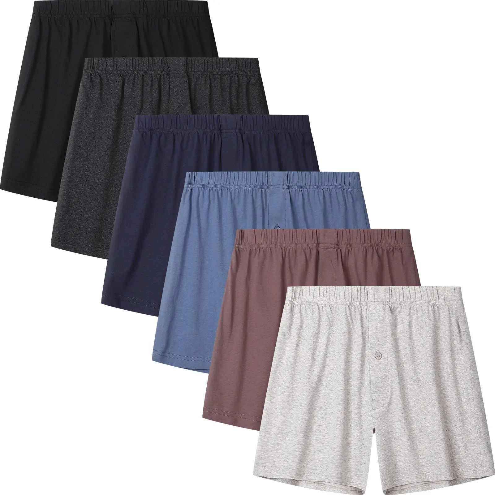 JupiterSecret Men's 6-Pack/10-Pack 100% Cotton Knit Boxer Shorts, Assorted Solid Colors, Soft Breathable Relaxed-Fit Underwear with Button Fly and Elastic Waistband