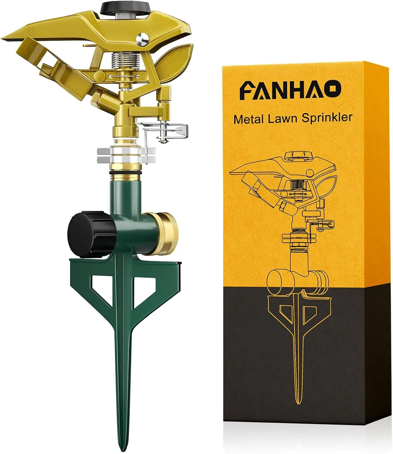FANHAO Heavy Duty Pulsating Impact Sprinkler on Spike Base, 100% Metal Impact Sprinkler with 360° Adjustable Spray Pattern for Large Area Lawn & Yard Irrigation, Covers Up to 5800 sq. Ft