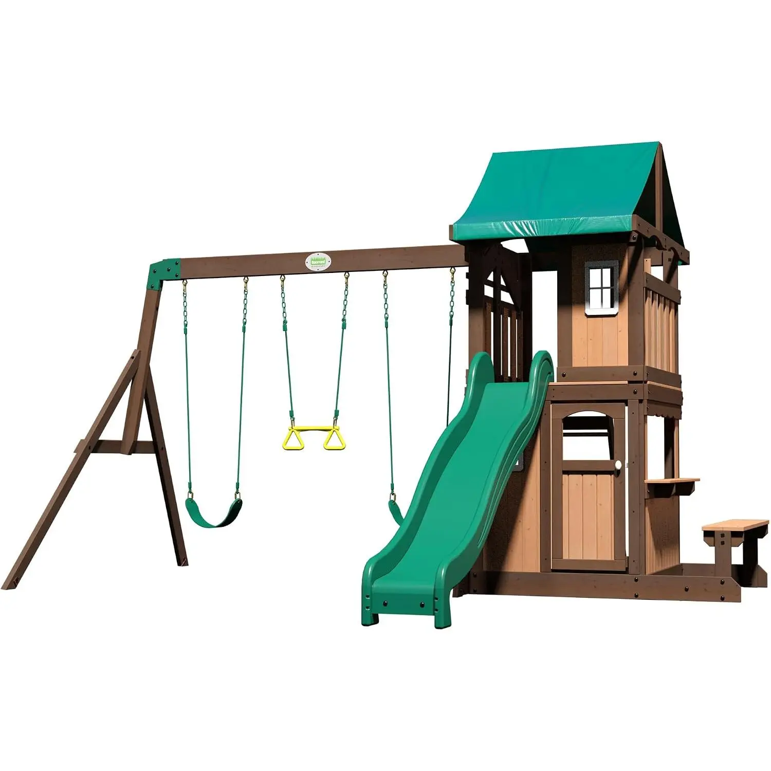 URGEWBackyard Discovery Lakewood Cedar Wood Swing Set with Wave Slide, Clubhouse, Playhouse, Snack Bar Window, Picnic Area, Belt Swings, Trapeze, Full Front Door, Windows, Step Ladder, Outdoor Playset