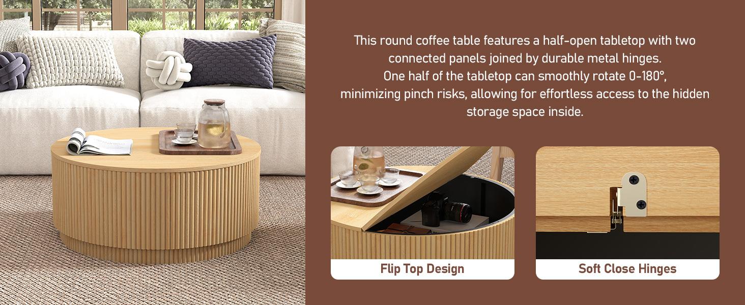 Giratree 31.5" Round Coffee Table with Storage, Mid Century Modern Coffee Tables with Fluted Base, Wooden Circle Accent Center Table for Living Room Small Space Apartment Office