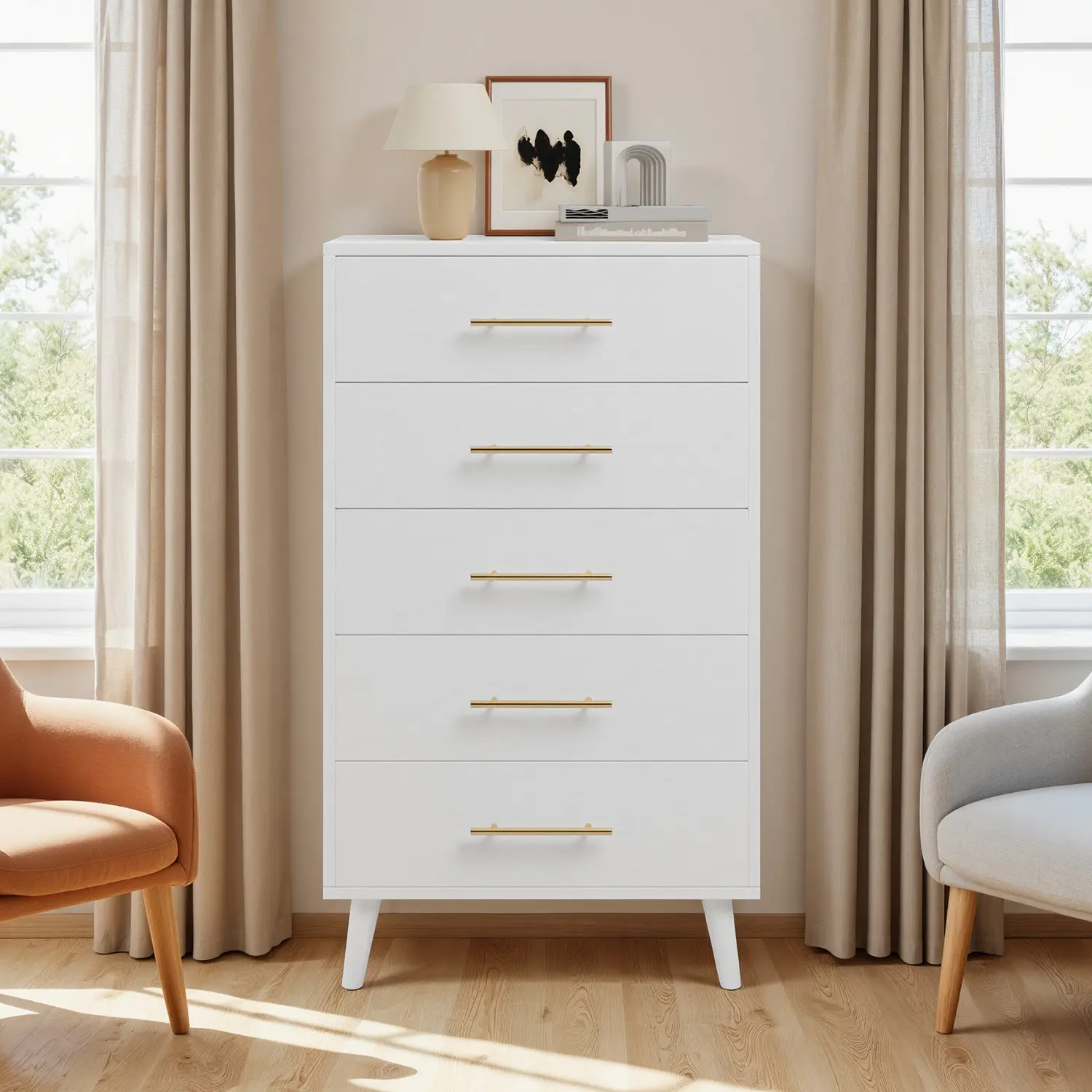 Gizoon Sturdy Wood Bedroom Dresser, White 5-Drawer Modern Storage Cabinet with Storage Drawers, Anti-Tip Kit, Metal Handles, Silent Gliding Slides, Sliding Door for Bedroom, Girl Apartment Space-Saving Furniture, Sturdy Dressers