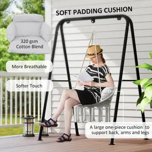 Outsunny Hammock Swing Chair, Outdoor Hanging Chair with Large Cushion, Cotton Rope Weaving Macrame Swing with Chain, 265 LBS Capacity for Indoor, Outdoor, Bedroom, Patio, Balcony, Gray/White/Bule/