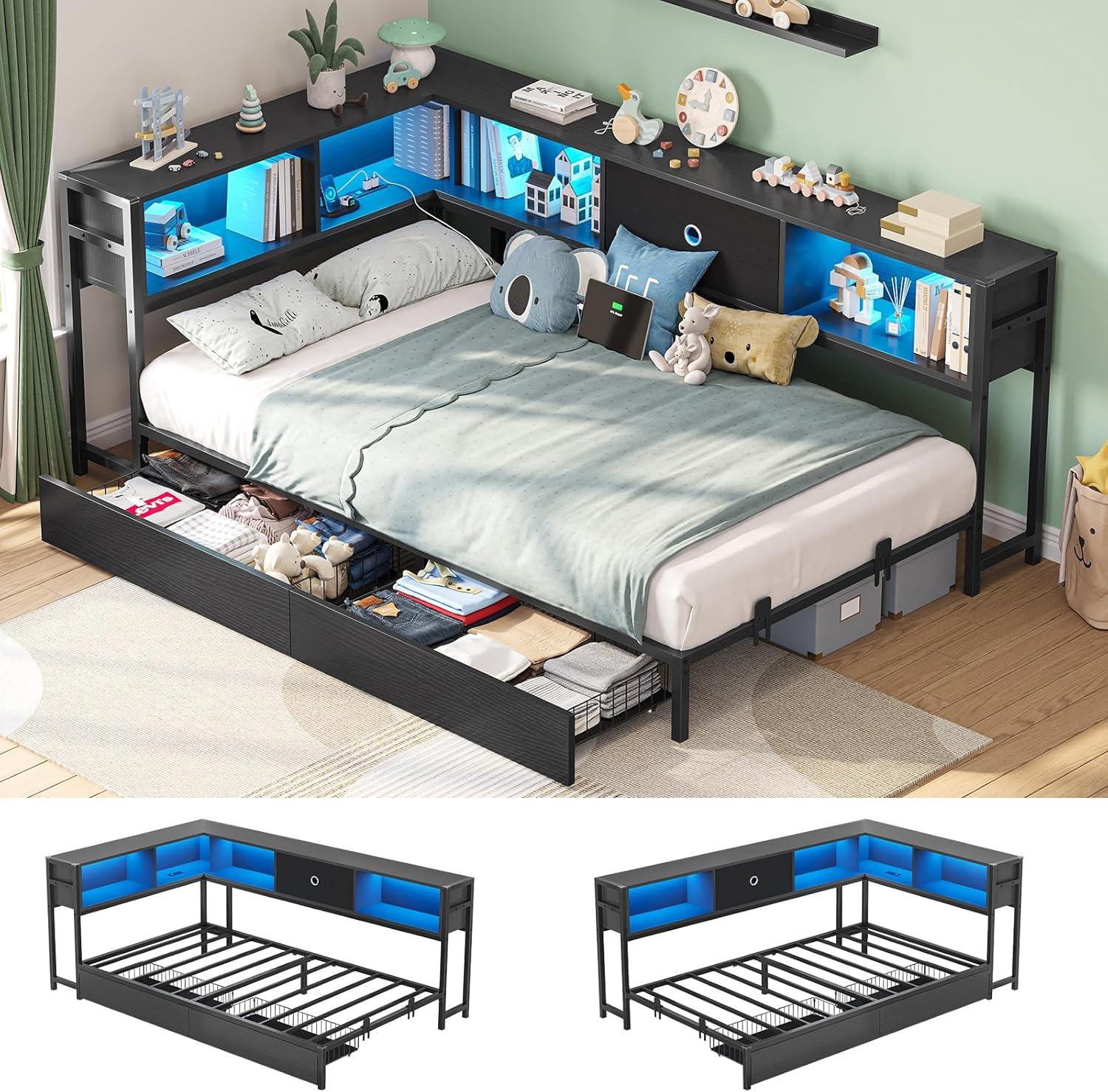 CollaredEagle Twin XL Corner Bed Frame with Storage Bookcase, Kids Bed Unit with Charging Station and LED Light, Twin Size Platform Beds with Storage and Charging Station, with 2 Underneath Drawers
