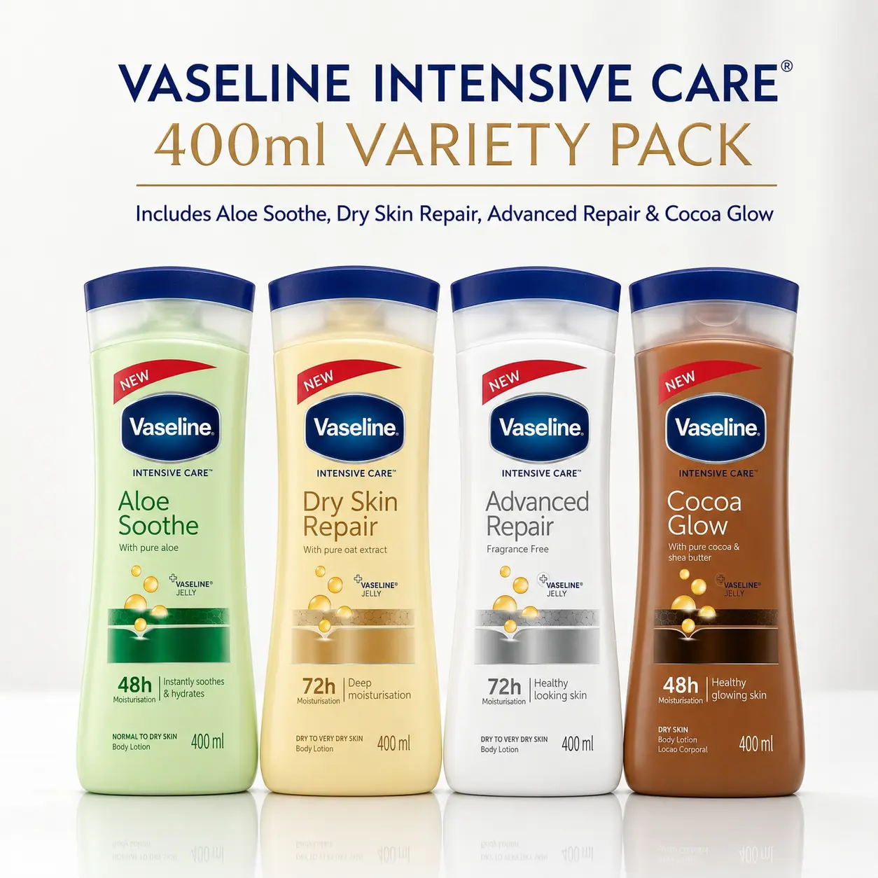 Vaseline Intensive Care Body Lotion Variety Pack, 4 x 400ml (13.5oz) Moisturizer for Dry Skin, Daily Body Care & Skin Repair Gift Set, Cocoa, Hydrating, Deep Hydration, Moisture, Glycerin, Gift Idea, Fragrance Free, Full Size, Multipack, Body Care Set