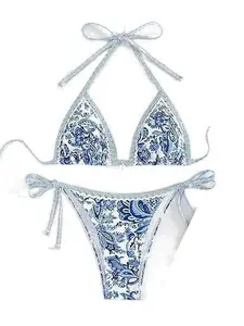 Women's 2 Piece Boho Swimsuits Floral Print Halter String Triangle Bikini Set Beach Bathing Suit