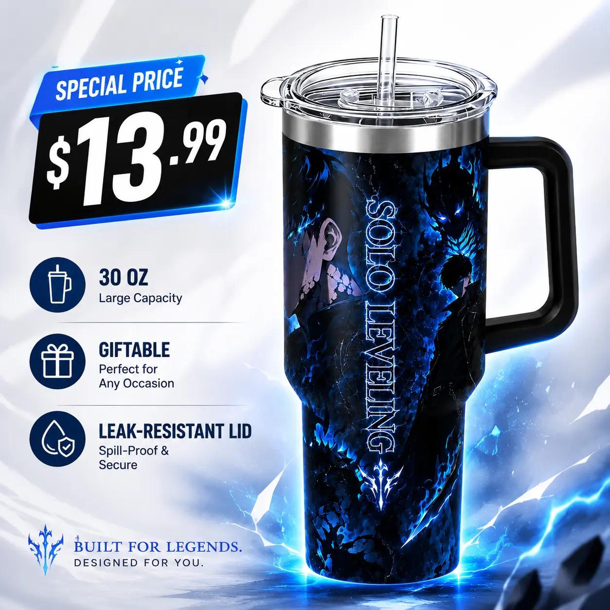 Solo Leveling Sung Jin-Woo 30 oz Tumbler With Handle – Shadow Monarch Stainless Steel Travel Mug, Anime Iced Coffee Cup, Manhwa Gift for Otaku & Gamer european water bottles