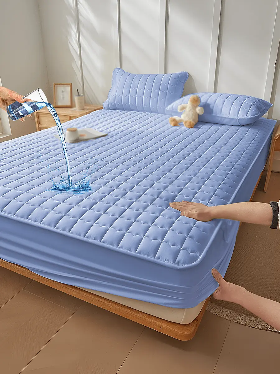 Polyester Fitted Sheet - Blue Plaid Curved Grid Printed, 360° Full Surround Elastic Wrap, Wrinkle-Resistant, Flat Weave, Soft Breathable, Waterproof Barrier, Machine Washable, Multi-Size Polyester Bedding for Home/Dorm/Hotel Mattress Cover