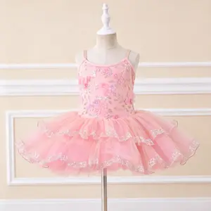 Ballet Tutu Dress 3D Floral Embroidered Pink & Gold Sequin Trim Dance Recital Dress