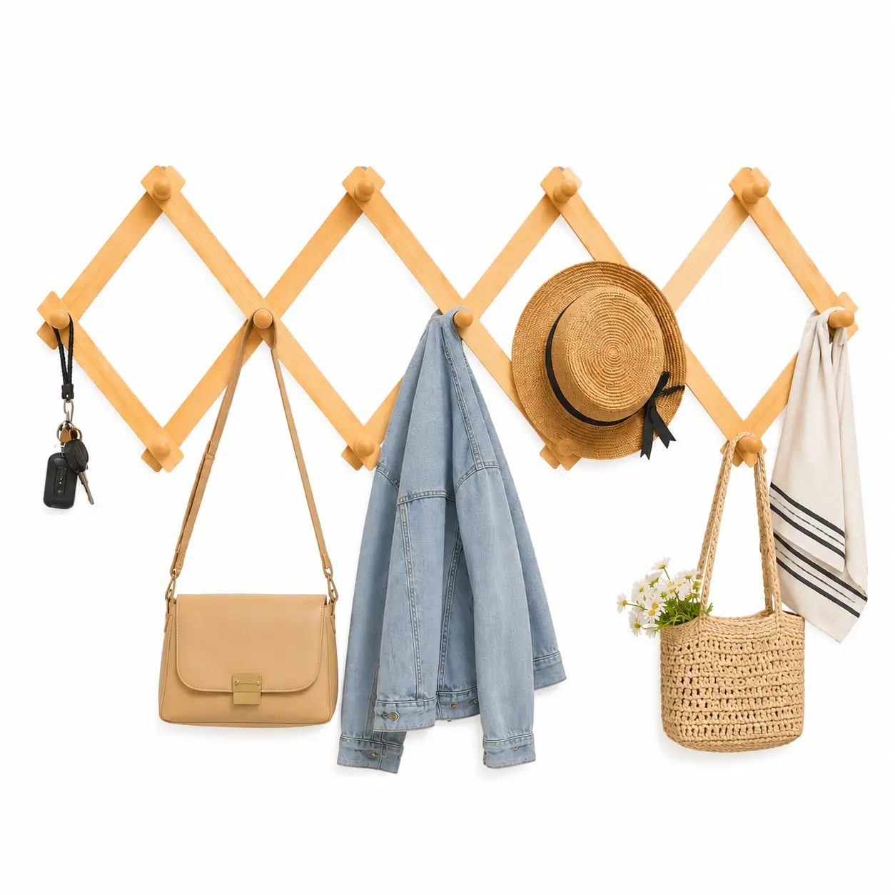 Expandable Wooden Wall Mounted Coat Rack, Folding Accordion Clothes Hanger with Hooks, Space Saving Entryway Organizer for Hats, Bags, Jackets & Home Storage
