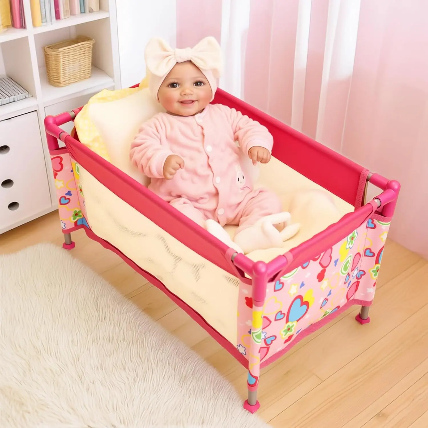 #backtoschool Baby Doll Crib, Baby Doll Bed for 17-22 Inch Dolls, Foldable Baby Doll Playpen Toy Crib, Reborn Baby Doll Accessories with Storage Bag, Doll Pack n Play Kids Gift (Pink)，Doll not included, Doll Set, Foldable Playpen