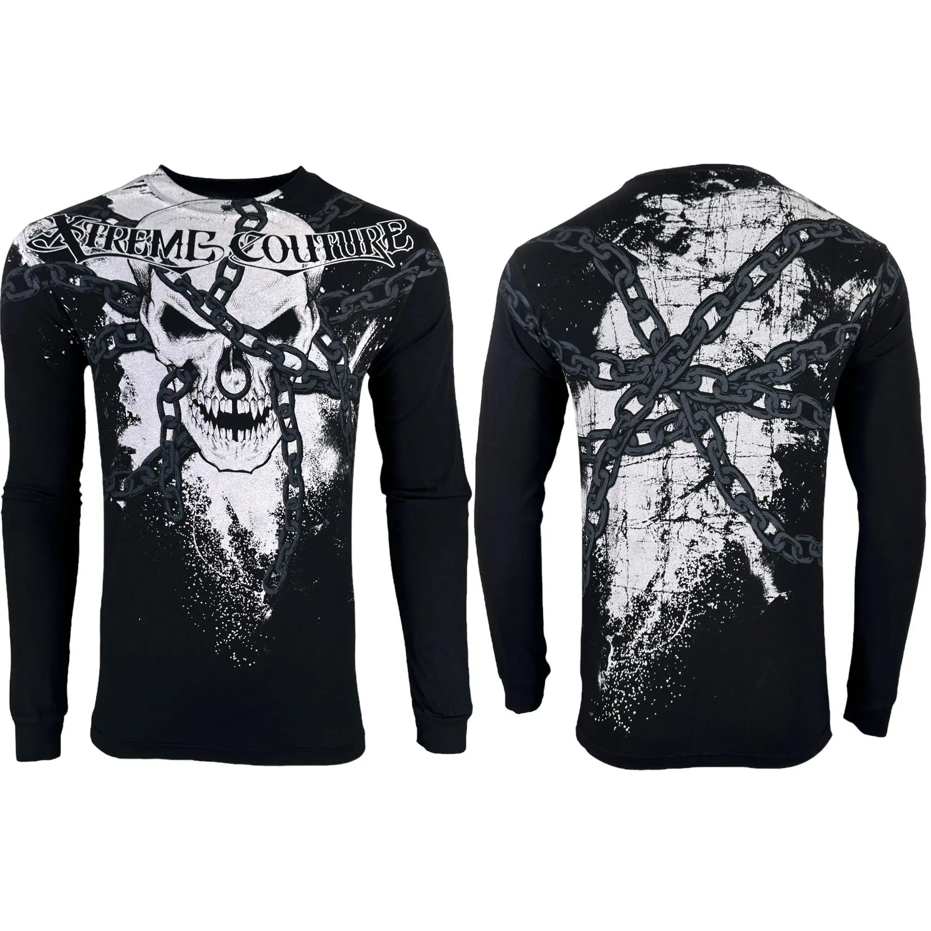 Xtreme Couture By Affliction Men's Graphic Round Neck Long-Sleeve Casual T-Shirt - Chained Menswear Top, All-Season Wear
