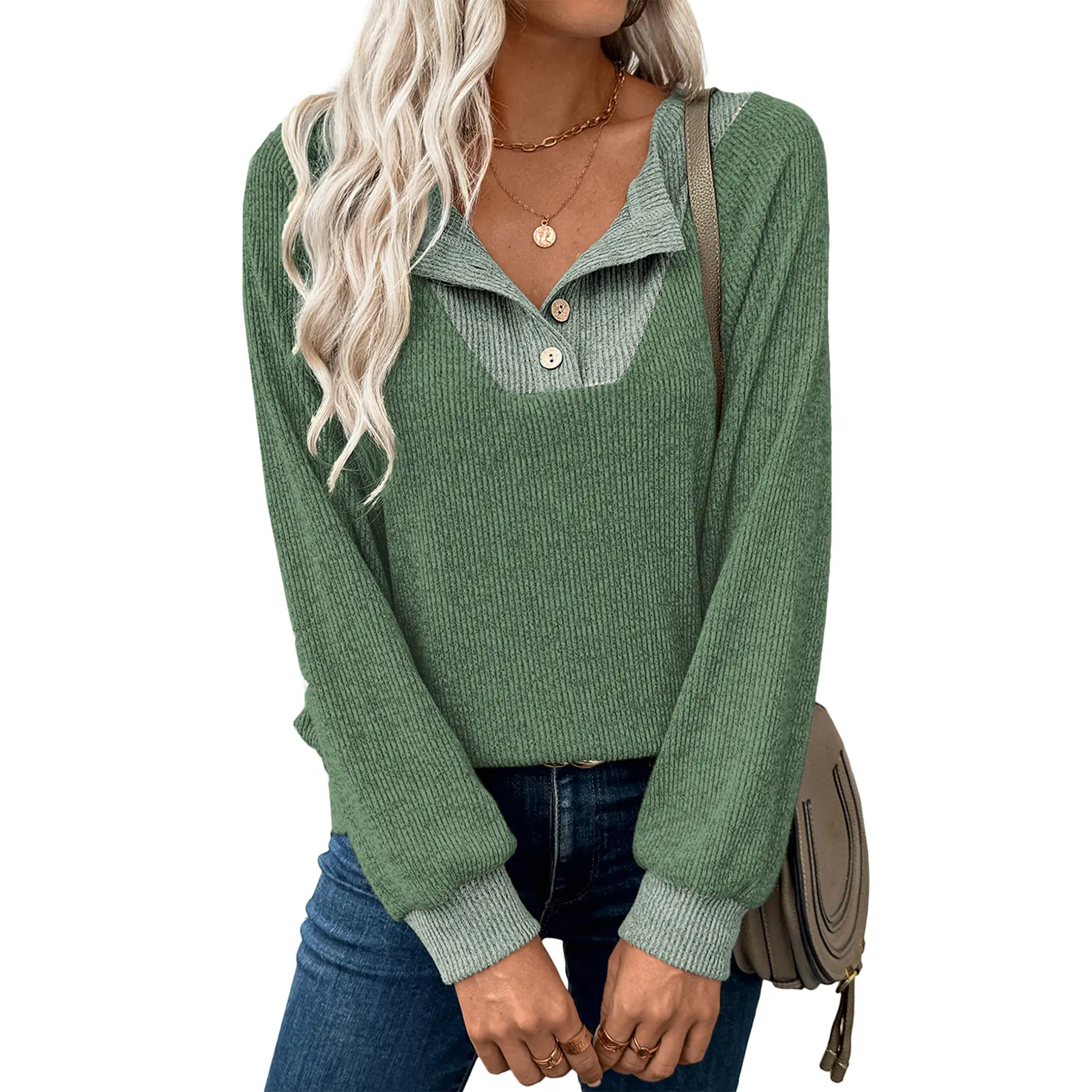 Gaovot Women's Casual Sweatshirt, Puff Long Sleeve V Neck Button Up Pullover Top, Solid Lightweight Top for a Casual OOTD, Fitted