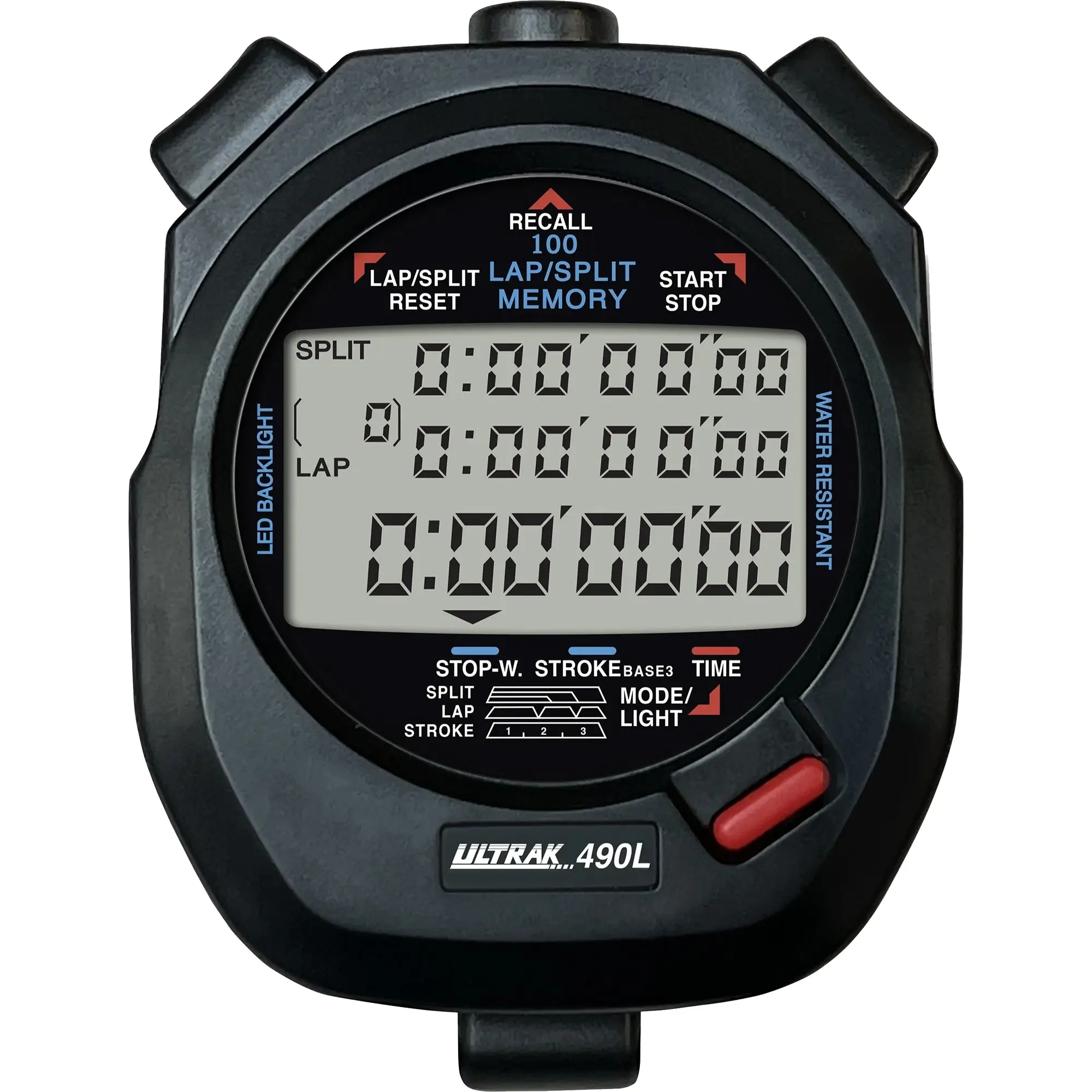 Ultrak 490L Digital Sport Stopwatch, Handheld Electronic Display Timer with 100 Dual Split Memory, LED Backlight and Water Resistance for Training, Digital Sports Stopwatches & Timers